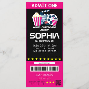 Invitación Entradas de película de chica Fiesta de cine Cumpl
