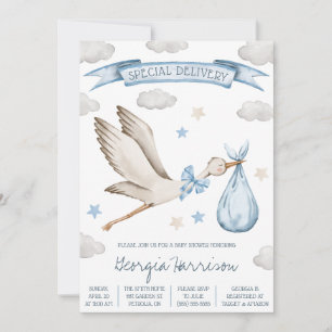 Invitación ¡Entrega especial! Baby Boy Blue Stork Baby Shower