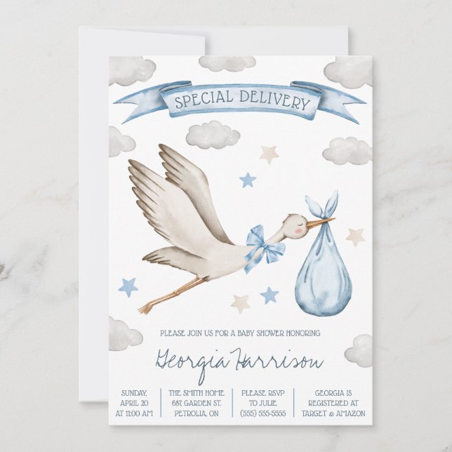 Invitación ¡Entrega especial! Baby Boy Blue Stork Baby Shower (Anverso)