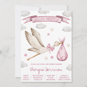 Invitación ¡Entrega especial! Baby Girl Pink Stork Baby Showe