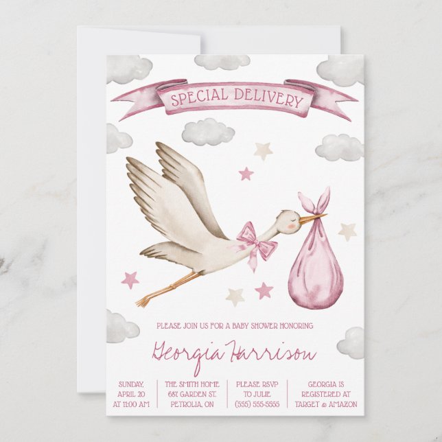 Invitación ¡Entrega especial! Baby Girl Pink Stork Baby Showe (Anverso)