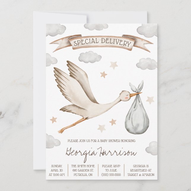 Invitación ¡Entrega especial! Baby Shower de Brown y Tan Stor (Anverso)