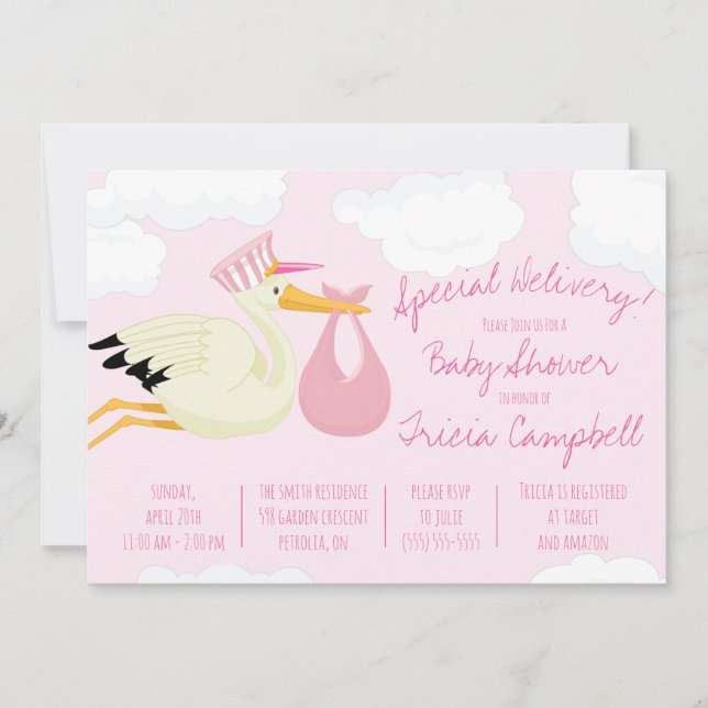 Invitación ¡Entrega especial! Baby Shower de cigüeña rosa (Anverso)