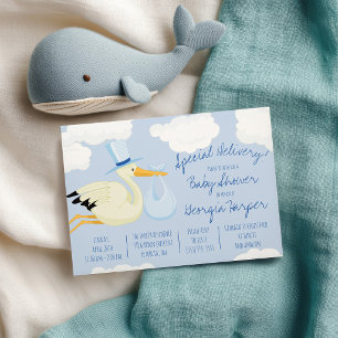 Invitación ¡Entrega Especial!  Baby Shower del Cigüeño Azul