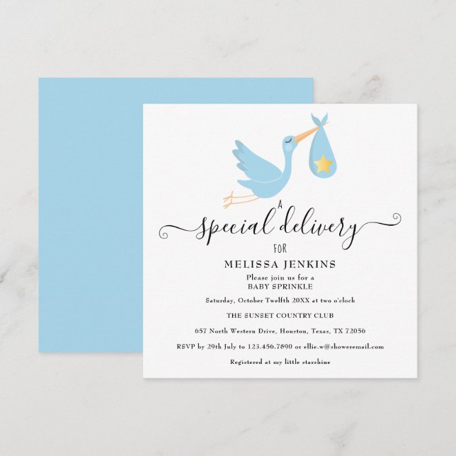 Invitación Entrega Especial  Baño de Sprinkle de Baby Stork S (Anverso / Reverso)