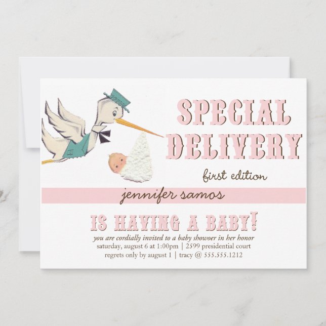 Invitación Entrega especial - cigüeña del vintage (Anverso)