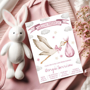 Invitación ¡Entrega Especial! Cigüeña Rosa Niña Baño de Bebé