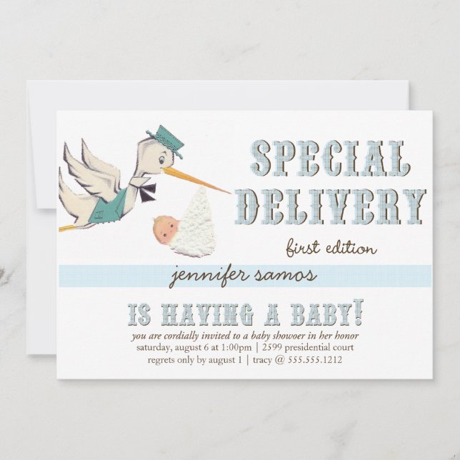 Invitación Entrega especial: cigüeña vintage (Anverso)