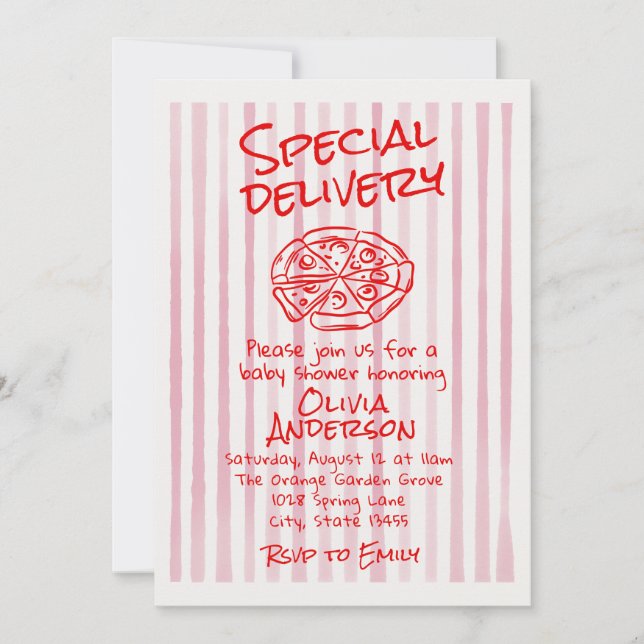 Invitación Entrega especial de pizza rosa al amanecer para ba (Anverso)