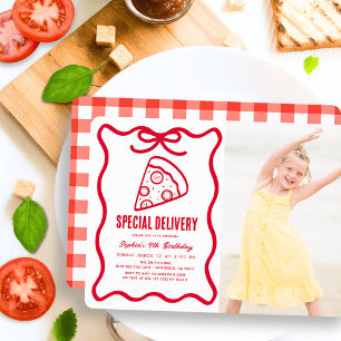Invitación Entrega Especial Foto Cumpleaños Pizza Arco Rojo