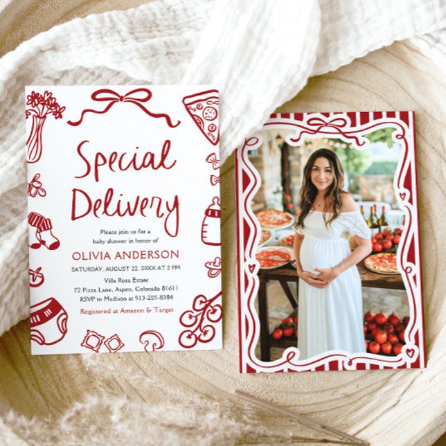 Invitación Entrega especial italiana Baby Shower caprichoso (Watercolor Italian Special Delivery Whimsical Baby Shower Invitation)