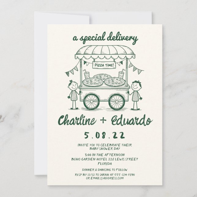 Invitación Entrega especial Pizza doodle bebé chica (Anverso)