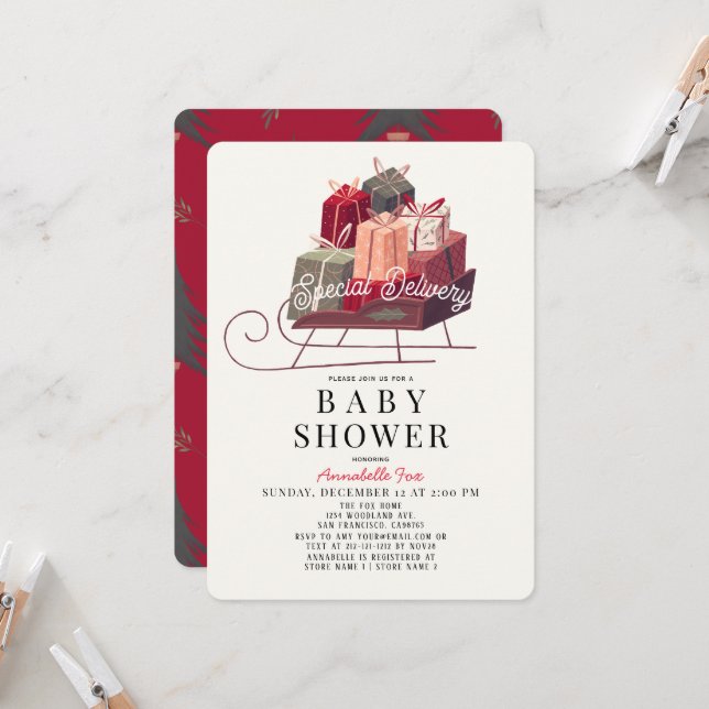 Invitación Entrega especial Regalos de Sleigh Baby Shower (Anverso/Reverso In Situ)