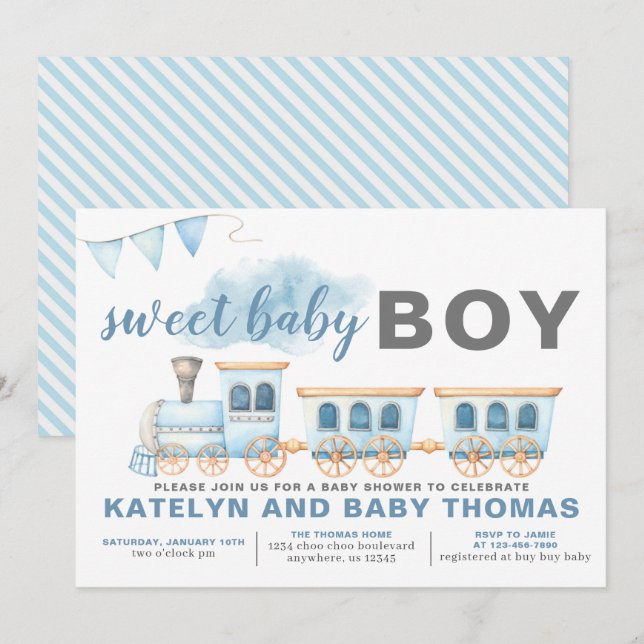 Invitación Entrenar Baby Shower Invitation Boy Transportation (Anverso / Reverso)
