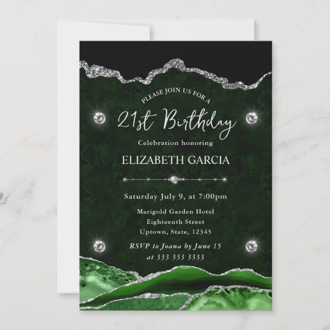 Invitación Envejecimiento de Purpurina verde y plateado 21º c (Anverso)