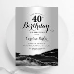 Invitación Envejecimiento negro plateado 40 cumpleaños<br><div class="desc">Invitación a la fiesta de cumpleaños 40 años de negro y plata. Diseño elegante y moderno con fondo de mármol de piedra de fondo geodésico, letra falsa purpurina plateada y tipografía. La carta de invitación de moda es perfecta para una elegante celebración del cumpleaños de las mujeres. Invitaciones Zazzle impresas...</div>