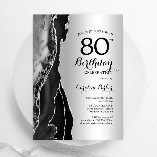 Invitación Envejecimiento negro plateado 80 cumpleaños (Subido por el creador)