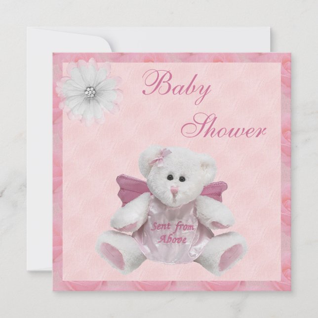 Invitación Enviado desde arriba Angel Teddy Pink Baby Shower (Anverso)