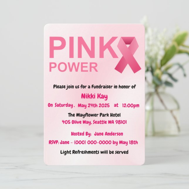 Invitación Equipo de apoyo al cáncer de mama Cinta rosa Perso (Anverso de pie)