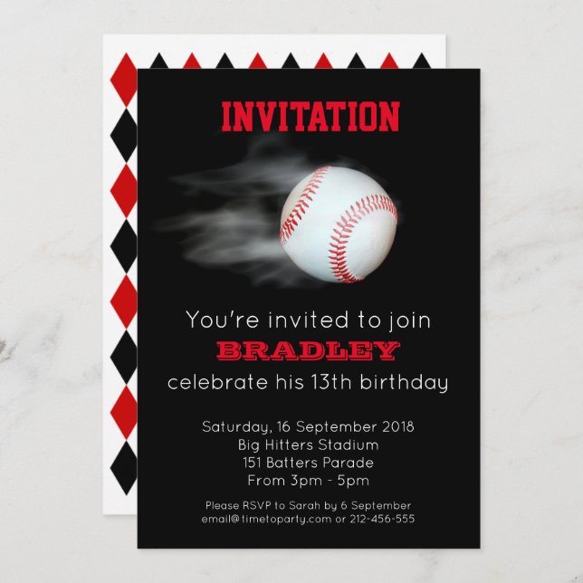 Invitación Equipo de béisbol Pitch The Ball personalizado edi (Anverso / Reverso)