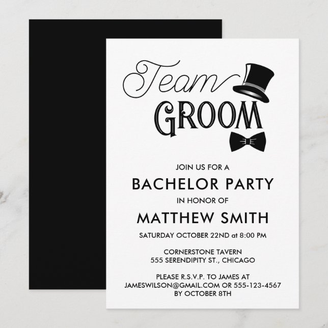 Invitación Equipo de Boda del partido del bachiller Groom (Anverso / Reverso)