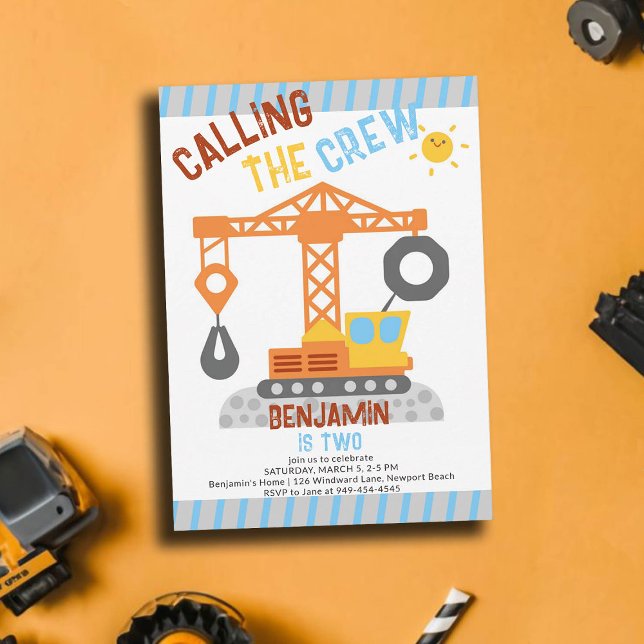 Invitación Equipo de Crane de Construcción Cute Boy Segundo C (construction birthday party 2 second boys crane vehicle crew theme invitation template personalized)
