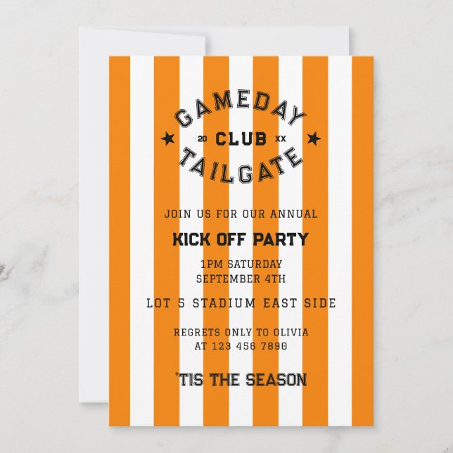 Invitación Equipo de Naranja de Gameday Tailgate Club Kick Of (Anverso)