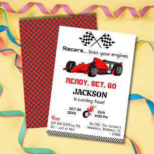 Invitación Equipo listo para ir coche de carreras rojas moder