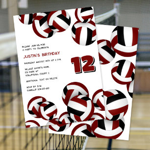 Invitación equipo maroon color voleibol niños chicas cumpleañ