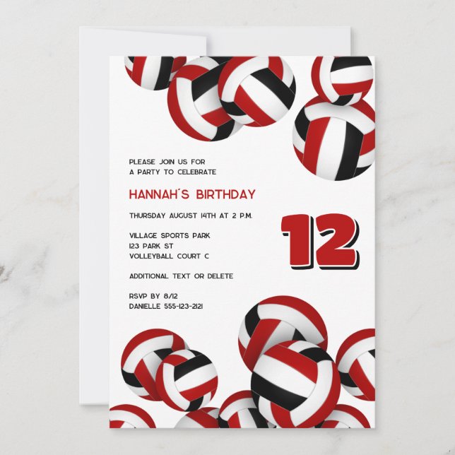 Invitación equipo negro rojo colores voleibol niños cumpleaño (Anverso)