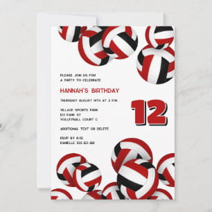 Invitación equipo negro rojo colores voleibol niños cumpleaño