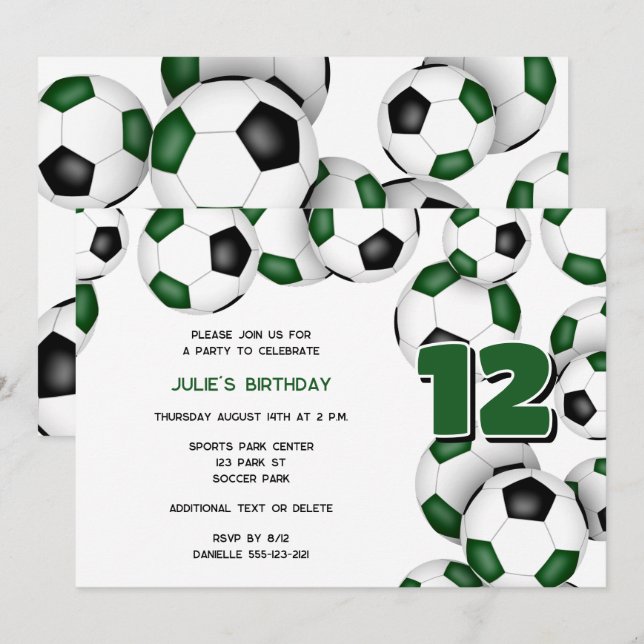 Invitación equipo negro verde colores balones de fútbol fiest (Anverso / Reverso)