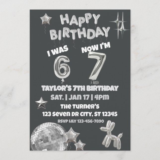 Invitación Era 6 Ahora 7, Cumpleaños 7 de Silver Balloon (Anverso)