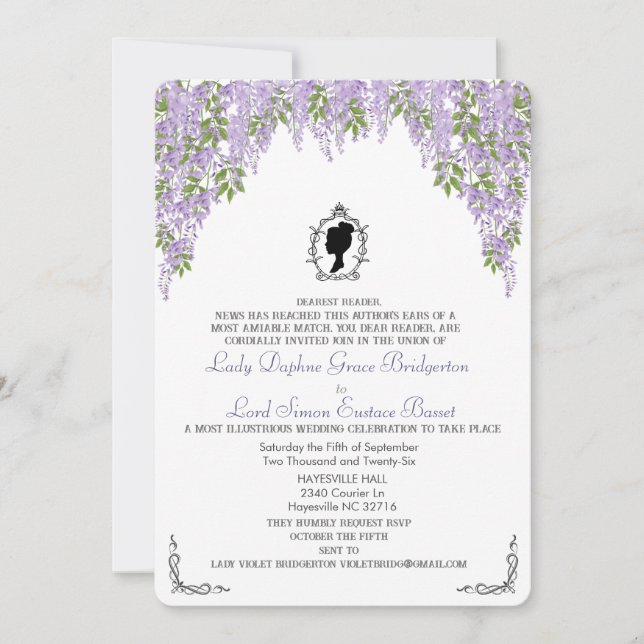 Invitación Era de regencia mínima Wisteria Floral Romántica (Anverso)