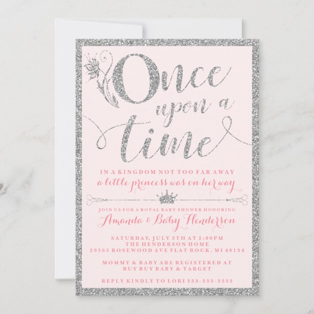 Invitación Érase Una Vez Ducha de Bebé Princesa de Plata (Anverso)