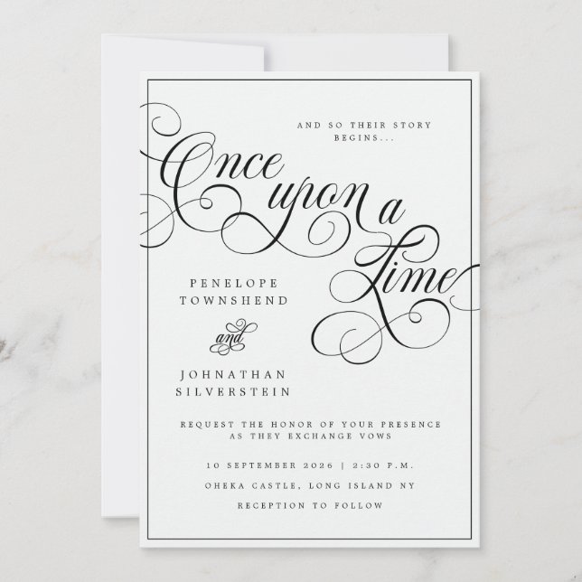 Invitación Érase Una Vez Flores Negros Blancos Boda (Anverso)