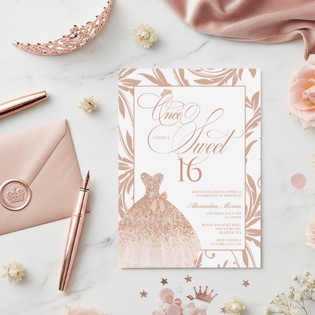 Invitación Érase una vez un dulce cumpleaños de princesa de 1 (Princess Sweet 16 Invitation | Once Upon a Sweet 16 | Rose Gold Sweet 16)