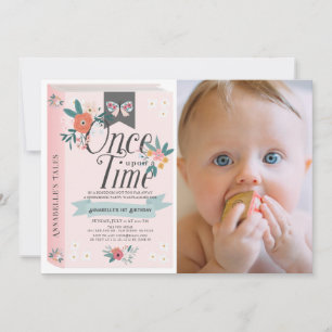 Invitación Érase una vez una foto floral rosa 1er cumpleaños