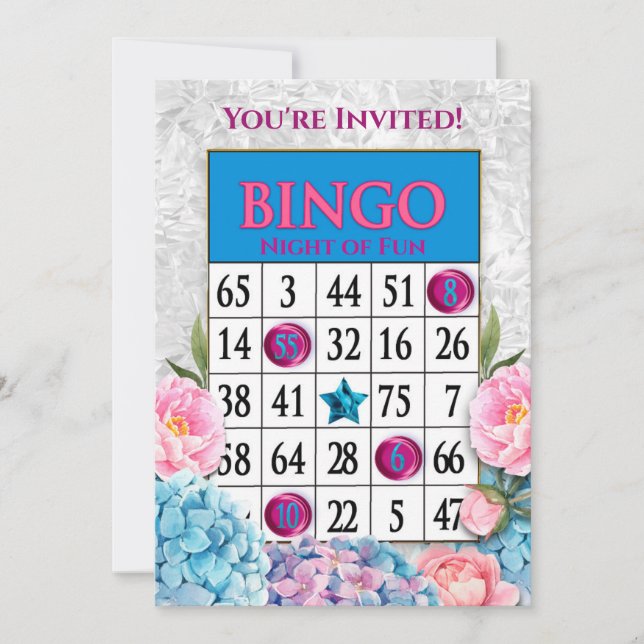 Invitación Eres invitada Flores Fiestas de Bingo Nocturno (Anverso)