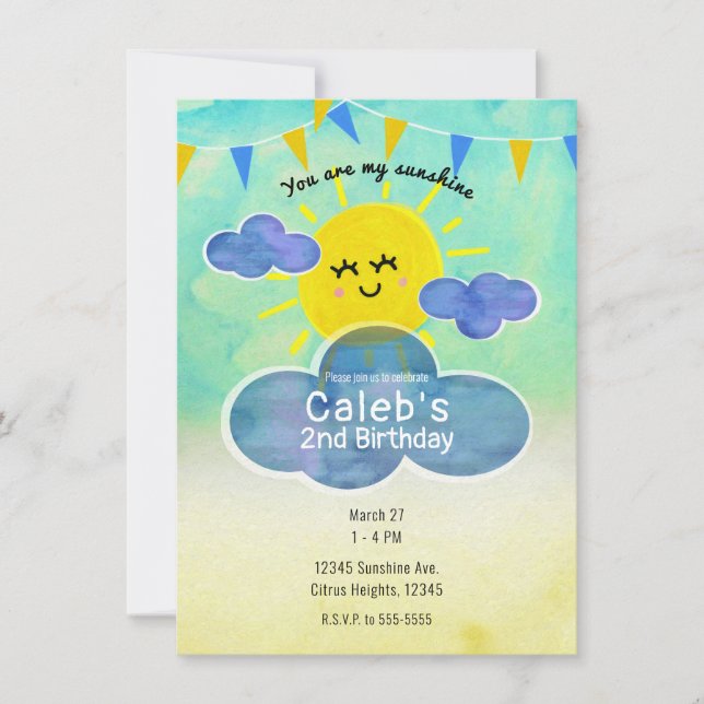 Invitación Eres mi Fiesta de Cumpleaños Amarillo Sol y Azul  (Anverso)