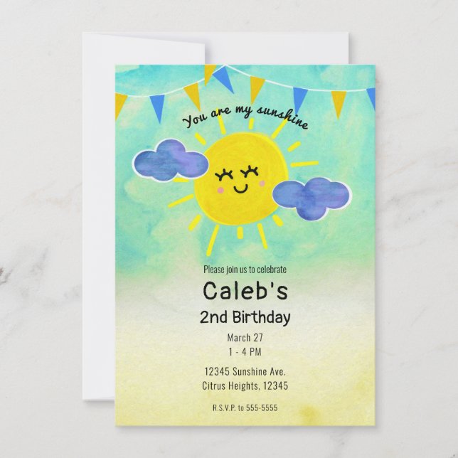 Invitación Eres mi Fiesta de Cumpleaños Amarillo Sol y Azul (Anverso)