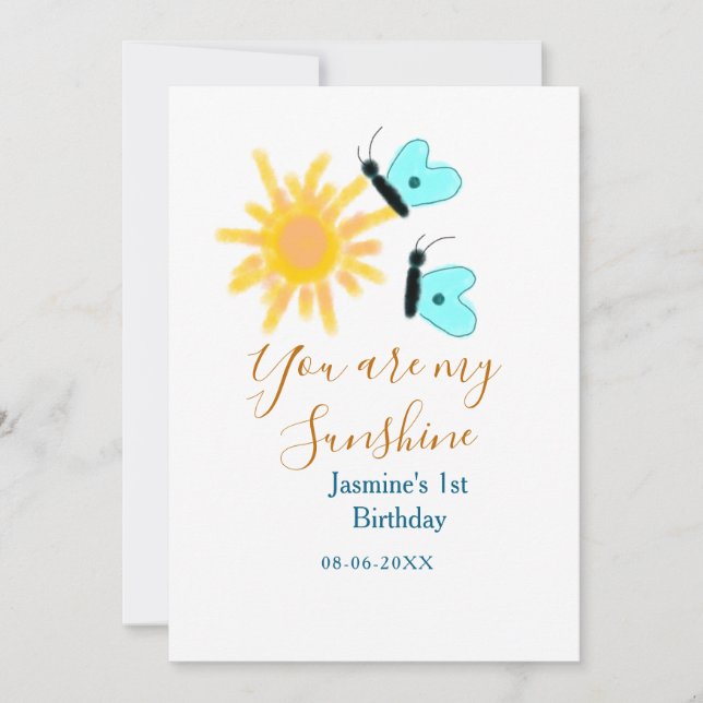 Invitación Eres mi sol amarillo naranja sol azul mariposa (Anverso)