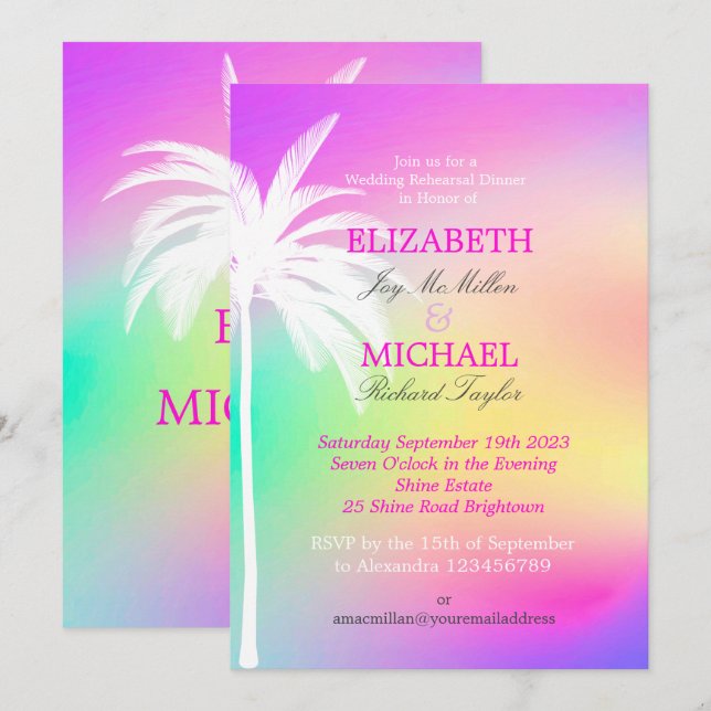 Invitación Erin Palm Tree White Colorful Moderno (Anverso / Reverso)