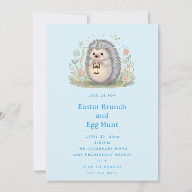 Invitación Erizo Adorable con Lámpara de Pascua (Anverso)