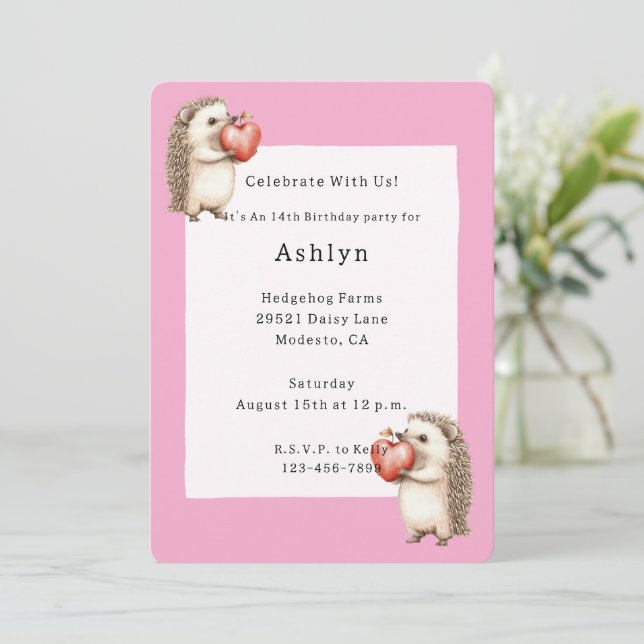 Invitación Erizo Corazón Cumpleaños Rosado Adorable Tierno (Anverso de pie)