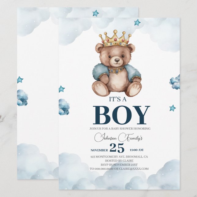 Invitación ES Baby Shower BOY Bear (Anverso / Reverso)