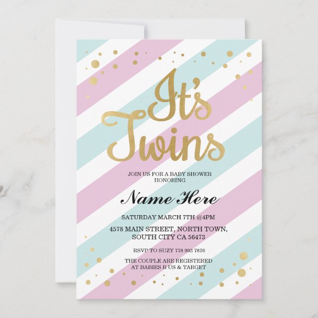 Invitación Es chica azul rosado de Baby Shower de los gemelos (Anverso)