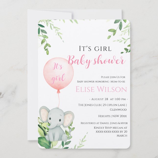 Invitación ¡Es chica! Bebé de elefante lindo con globo (Anverso)