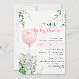 Invitación ¡Es chica! Bebé de elefante lindo con globo