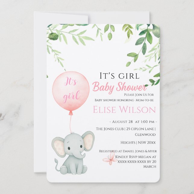 Invitación ¡Es chica! Bebé de elefante lindo con globo (Anverso)